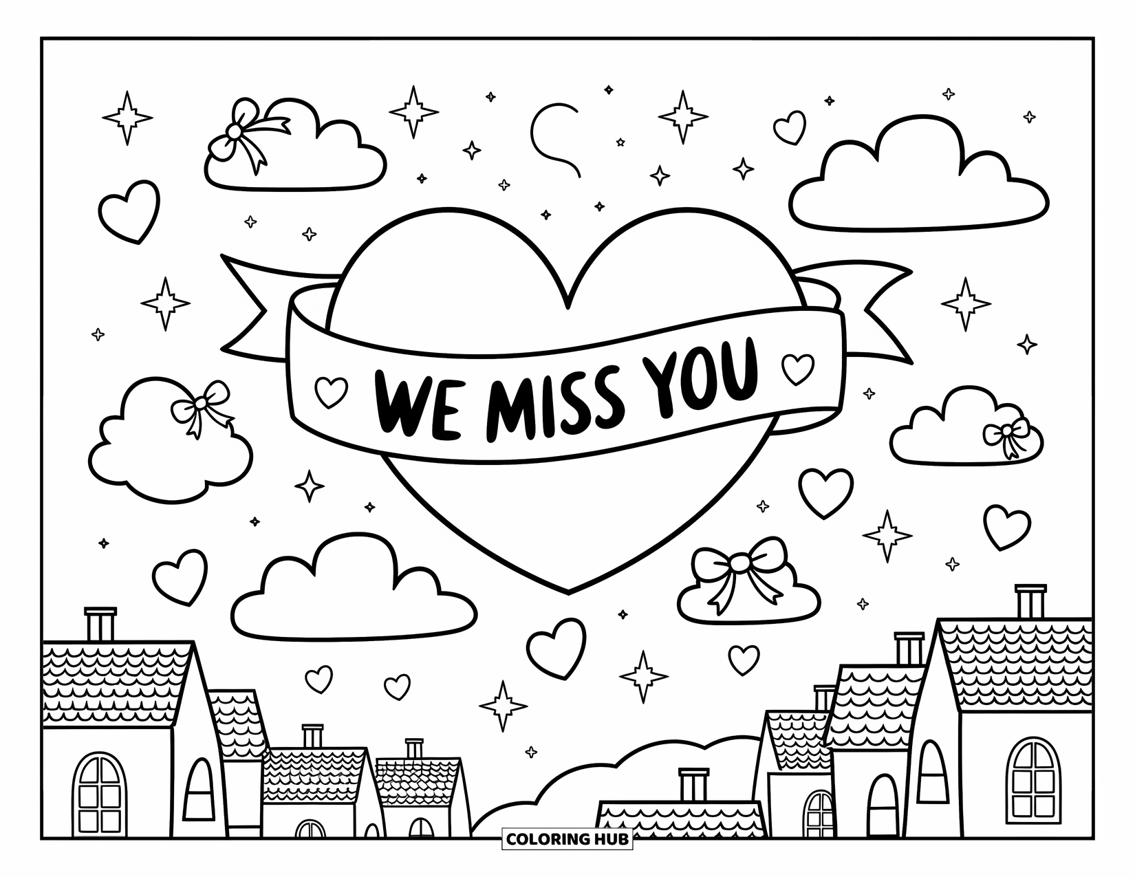 We Miss You Coloring Page for Adults: A sky full of stars surrounds a heart cloud holding a "We Miss You" sign