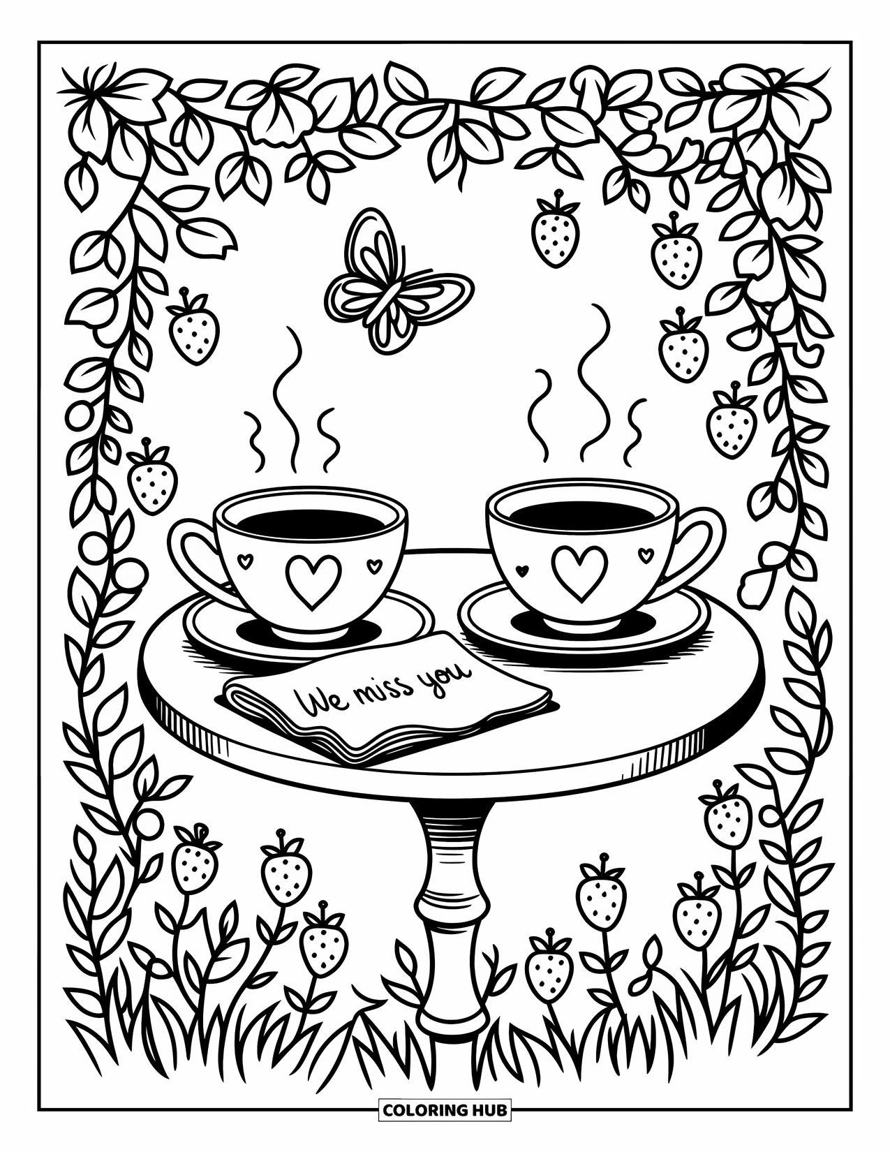We Miss You Coloring Page for Adults: A tiny garden table holds teacups and a napkin with "We Miss You" written
