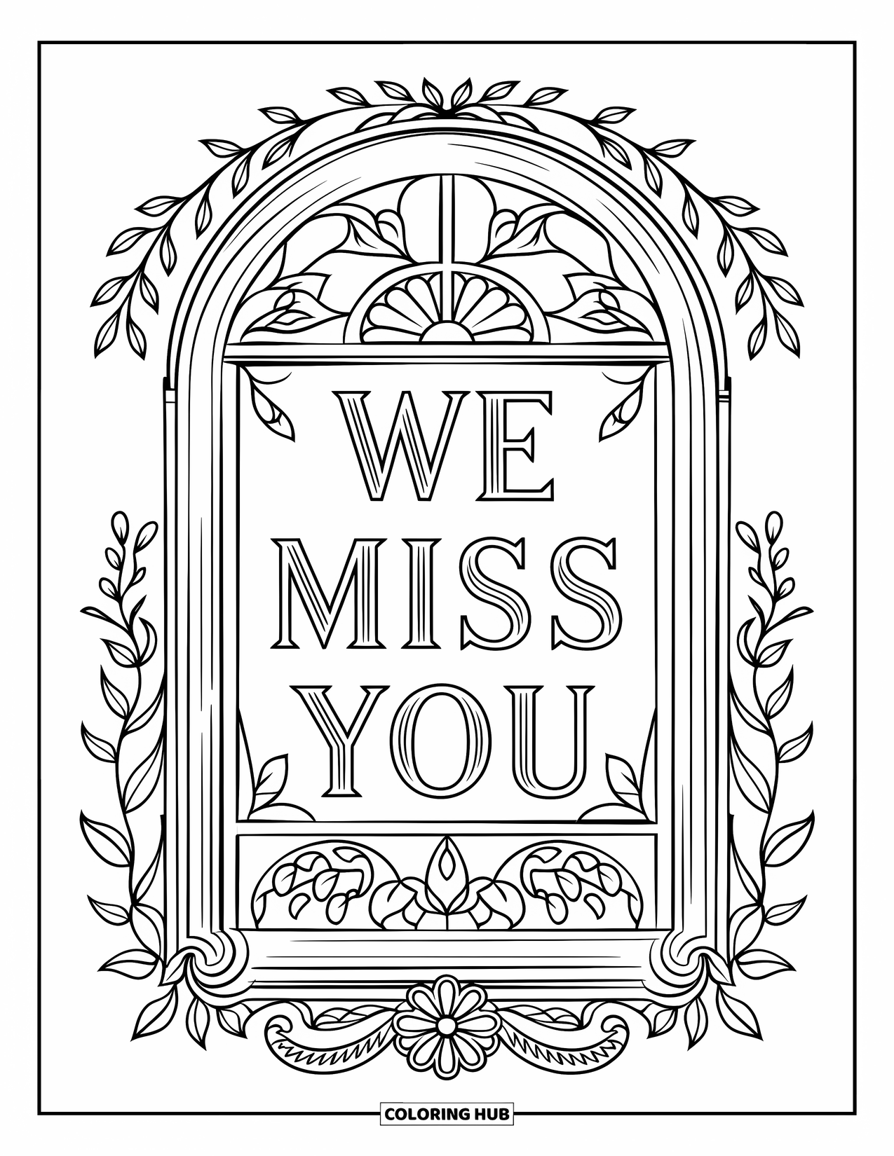 We Miss You Coloring Page for Adults: A vintage window frame with floral designs holds the message "We Miss You"
