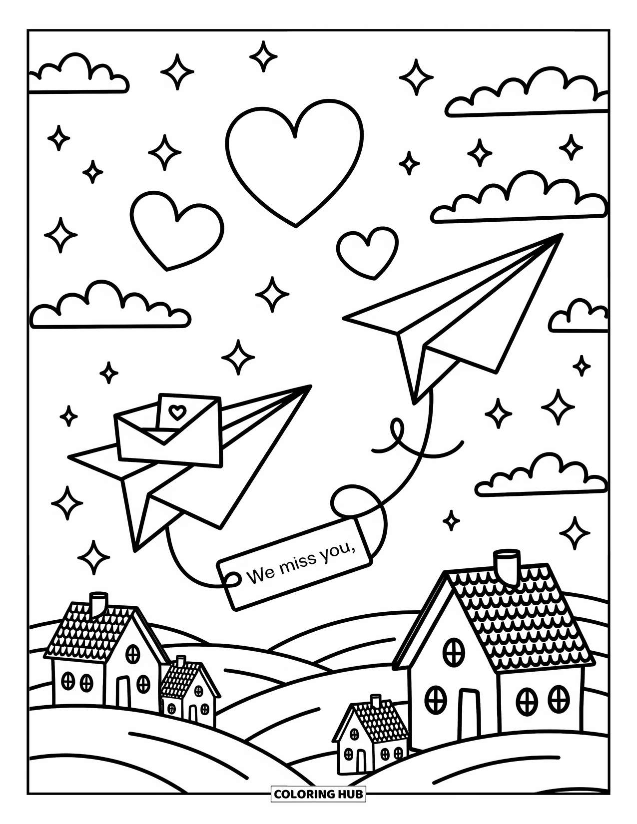 We Miss You Coloring Page for Adults: Paper planes glide across a dreamy sky, one carrying a tag that reads "We Miss You"