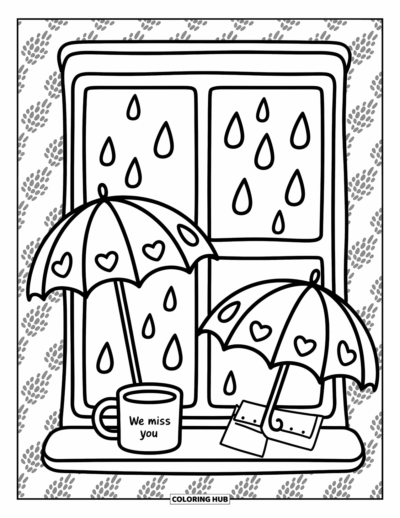 We Miss You Coloring Page for Adults: Raindrops fall outside a window where a note on the sill says "We Miss You"