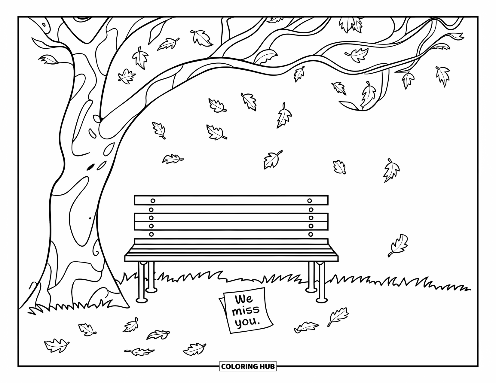 We Miss You Coloring Page for Kids: A bench under a tree with leaves falling and a note that says "We Miss You"