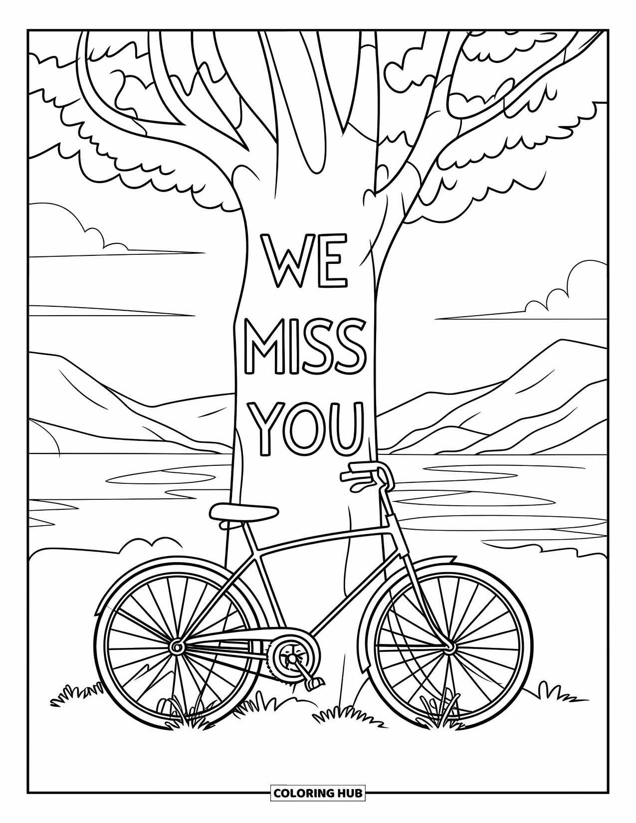 We Miss You Coloring Page for Kids: A bicycle rests by a tree with "We Miss You" carved in its trunk