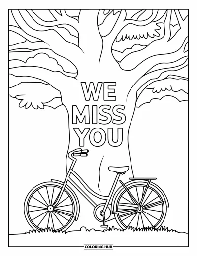어린이를 위한 우리는 당신이 보고 싶어요 색칠공부: 나무 기둥에 "We Miss You"라고 새겨진 글자 옆에 자전거가 기대어 있는 장면