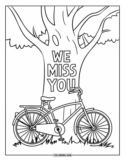 어린이를 위한 우리는 당신이 보고 싶어요 색칠공부: "We Miss You"라고 새겨진 나무 아래에 자전거가 조용히 세워져 있는 장면