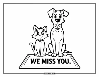 어린이를 위한 우리는 당신이 보고 싶어요 색칠공부: 고양이와 강아지가 "We Miss You"라고 쓰인 매트 옆에 나란히 앉아 있는 모습