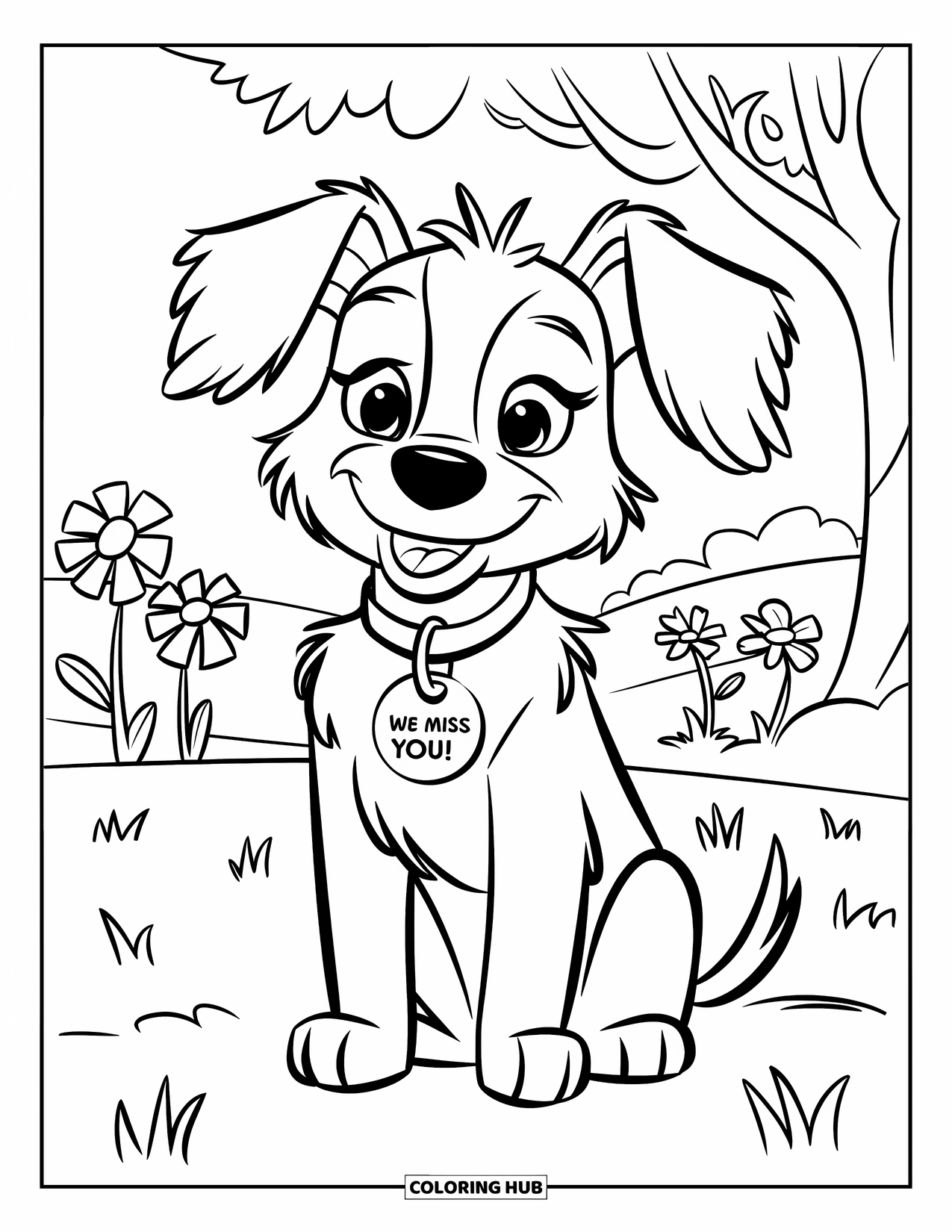 We Miss You Coloring Page for Kids: A floppy-eared dog sits with a tag that reads "We Miss You"