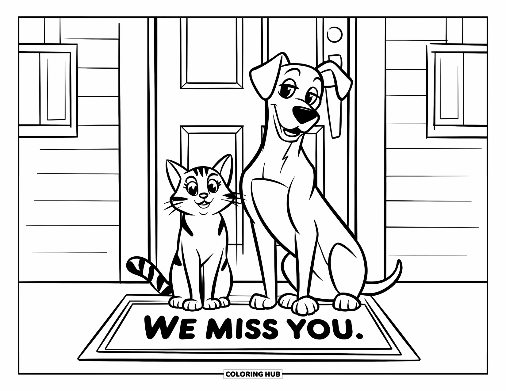 We Miss You Coloring Page for Kids: A friendly cat and dog wait near a welcome mat that says "We Miss You"