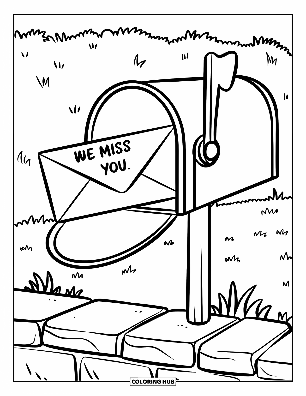 We Miss You Coloring Page for Kids: A letter peeks from a mailbox with "We Miss You" written on the envelope