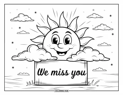 어린이를 위한 우리는 당신이 보고 싶어요 색칠공부: 구름과 "We Miss You" 표지판 뒤로 햇살 가득한 하늘이 빛나는 모습