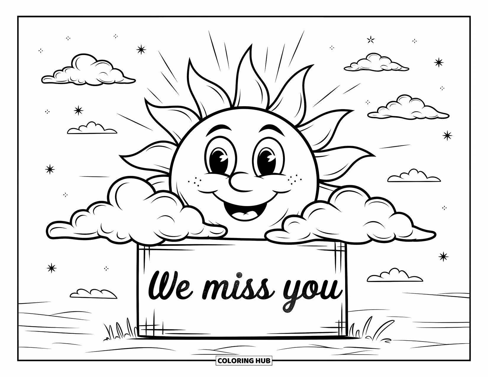 We Miss You Coloring Page for Kids: A sunny sky glows behind clouds and a sign that says "We Miss You"