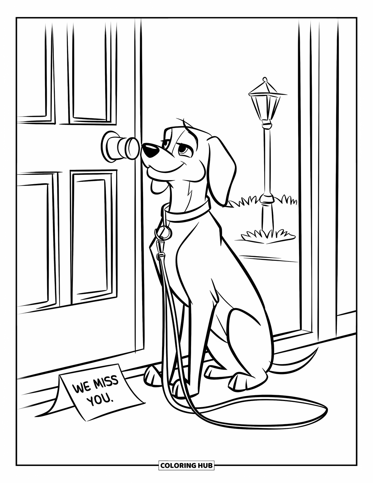 We Miss You Coloring Page for Kids: A sweet dog sits near a door and a "We Miss You" note
