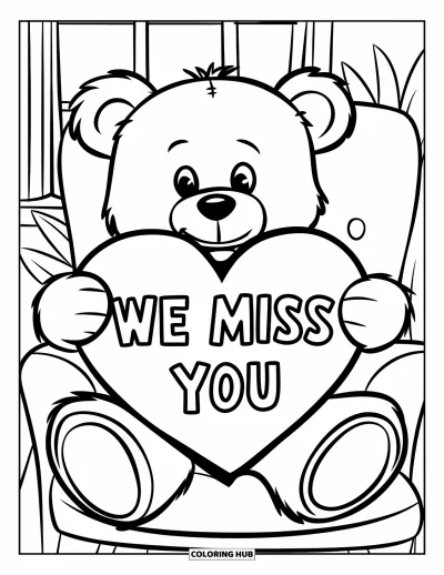 어린이를 위한 우리는 당신이 보고 싶어요 색칠공부: 곰 인형이 "We Miss You"라고 적힌 큰 하트 팻말을 들고 있는 모습