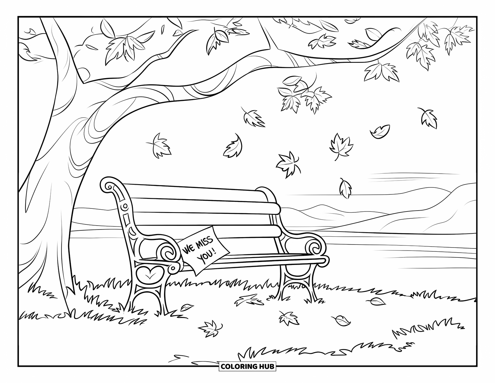 We Miss You Coloring Page for Kids: A tree with falling leaves shades a bench and note reading "We Miss You"
