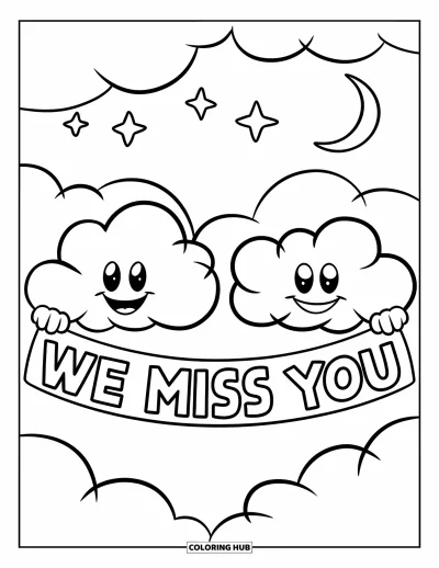 어린이를 위한 우리는 당신이 보고 싶어요 색칠공부: 밤하늘에 뭉게구름들이 "We Miss You" 현수막을 들고 있는 장면