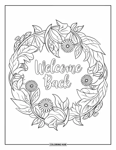 어른을 위한 웰컴 백 색칠공부: 중앙에 웰컴 백이 있는 식물 만달라