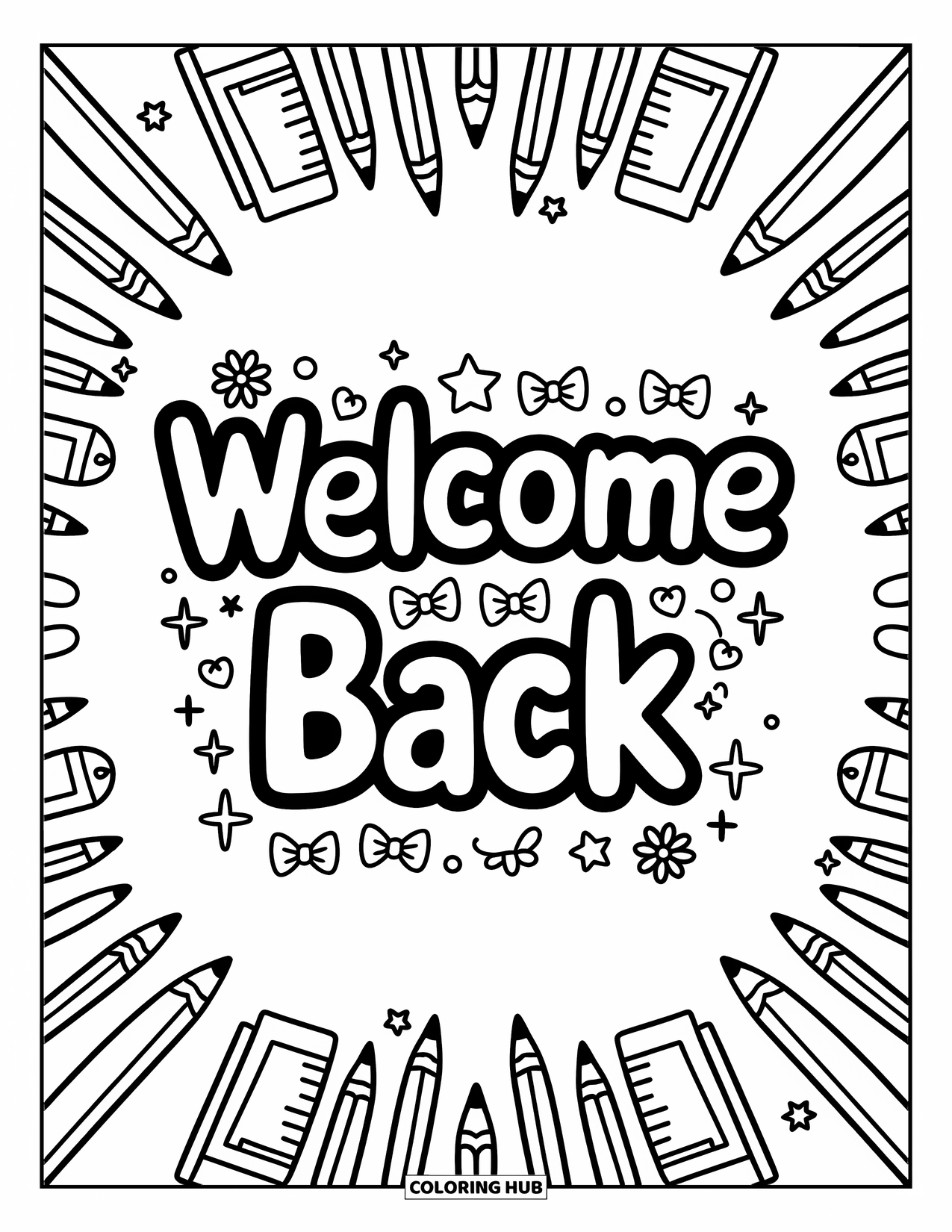 Welcome Back Coloring Page for Adults: Bubble-style Welcome Back text with bows, stars, flowers, and school supplies