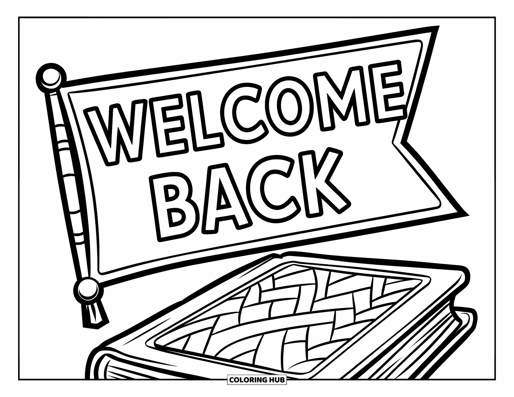 Welcome Back Coloring Page for Kids: Welcome Back flag banner with a bold patterned book below