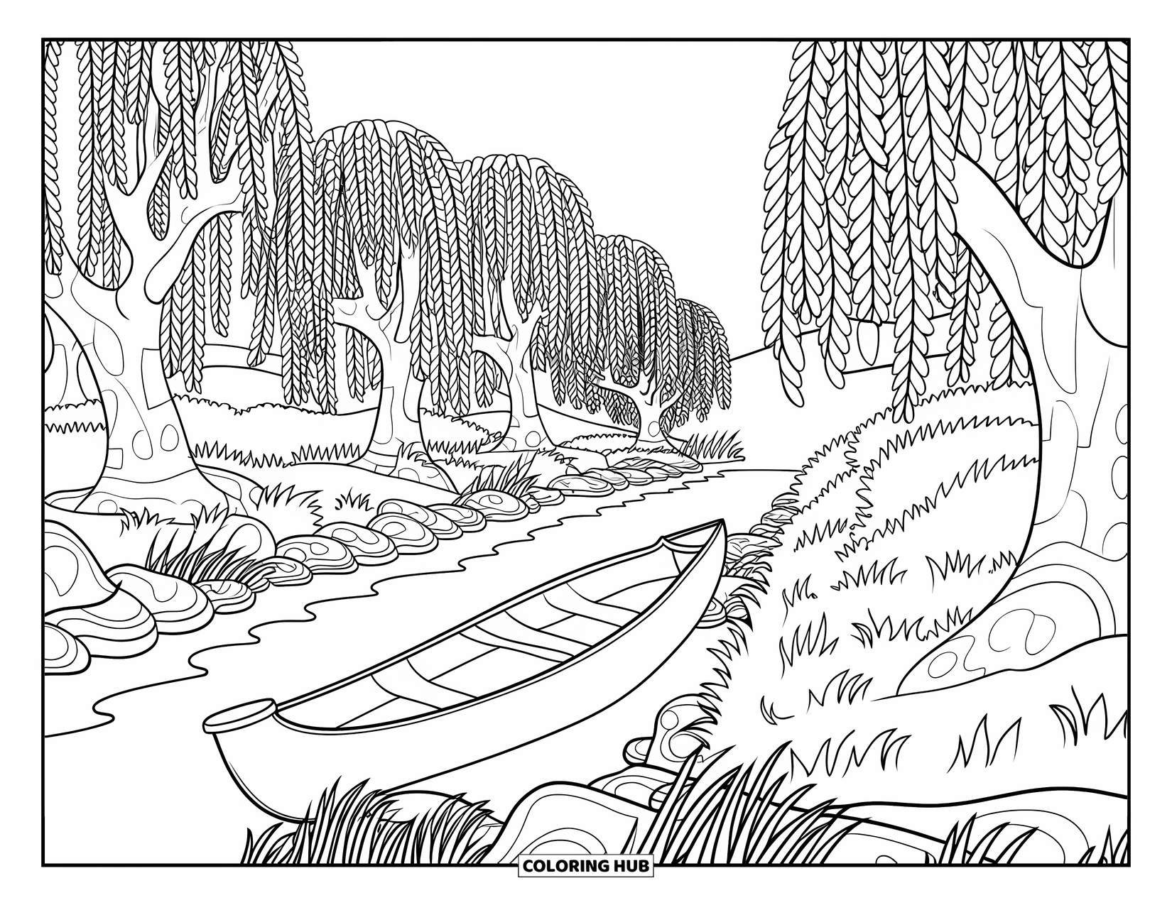 Western Country Coloring Page for Adults: A calm riverbank with willow trees, a canoe, and gentle flowing water