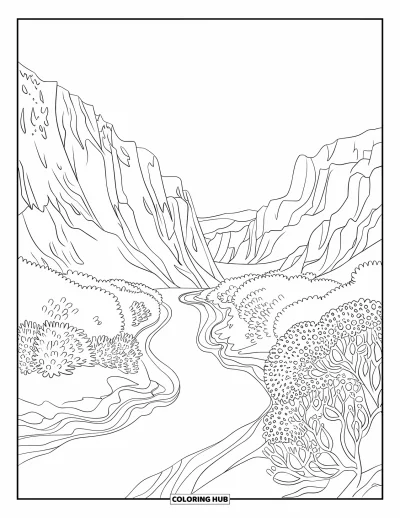 Disegno del West da colorare per adulti: Un fiume di canyon scorre tra scogliere ripide e cespugli in un paesaggio ampio e aperto