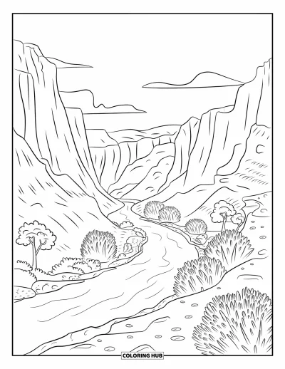 Disegno del West da colorare per adulti: Un fiume nel canyon serpeggia tra scogliere, rocce e cespugli secchi sotto un cielo soleggiato