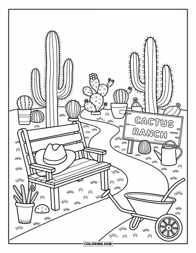 Disegno del West da colorare per adulti: Un vivace giardino di cactus con un cartello da ranch, fiori di campo e simpatici elementi decorativi