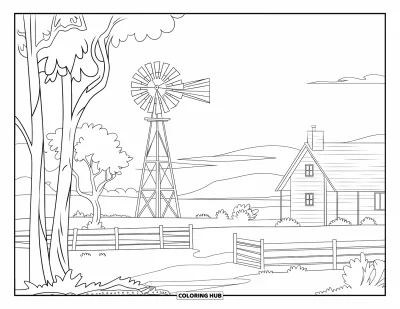 Disegno del West da colorare per adulti: Una casa accogliente con un mulino a vento, alberi e un caldo cielo al tramonto