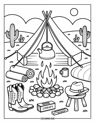 Disegno del West da colorare per adulti: Una tenda e un fuoco in un paesaggio con dolci colline e cactus sparsi