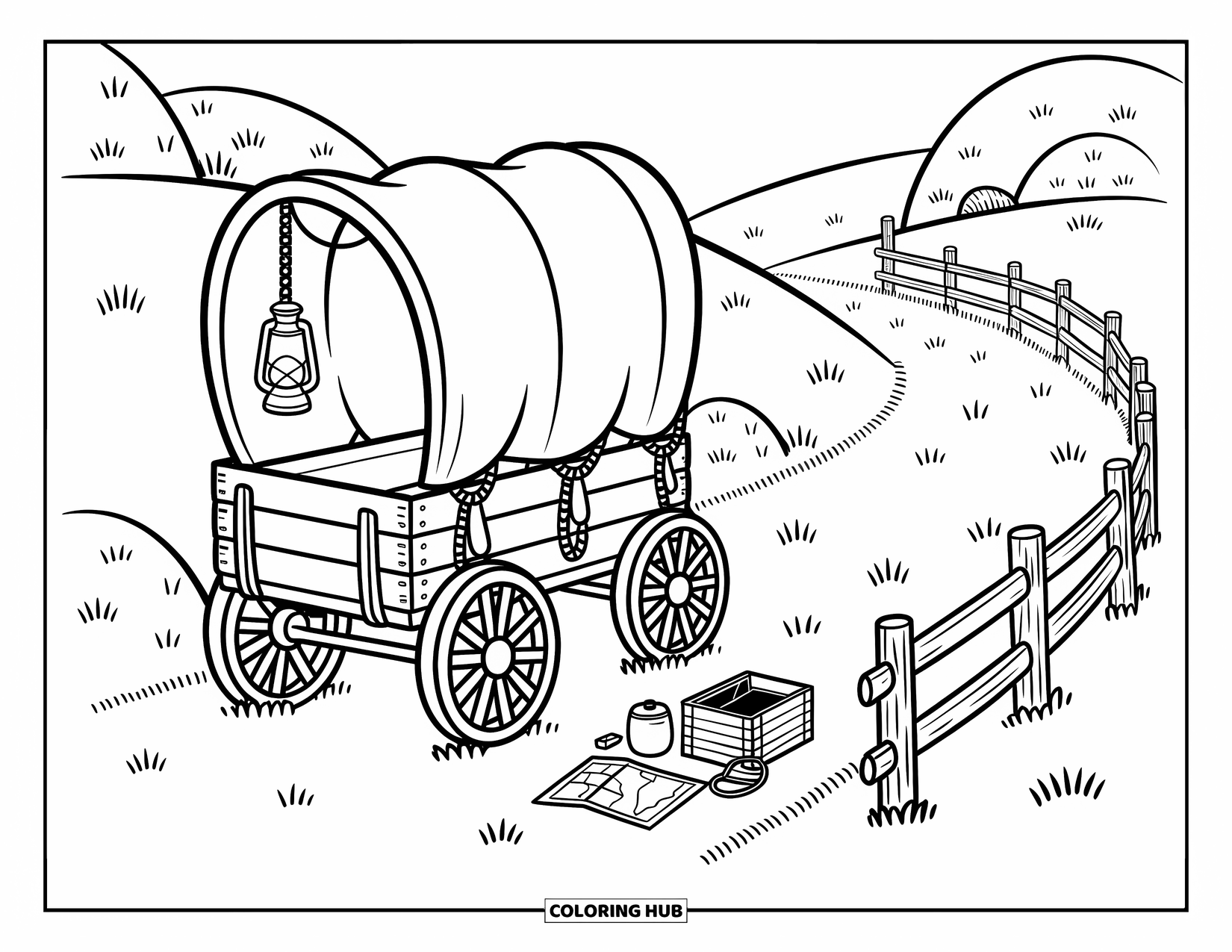 Western Country Coloring Page for Adults: A cozy wagon sits on a grassy trail surrounded by playful, rustic camping tools
