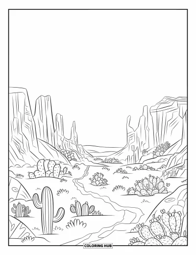 Disegno del West da colorare per adulti: Una scena desertica con rocce dalla texture ricca, cactus spinosi e sentieri sinuosi verso l'orizzonte