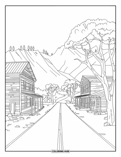 Disegno del West da colorare per adulti: Una strada polverosa attraversa una vecchia città western con edifici consumati dal tempo e alberi