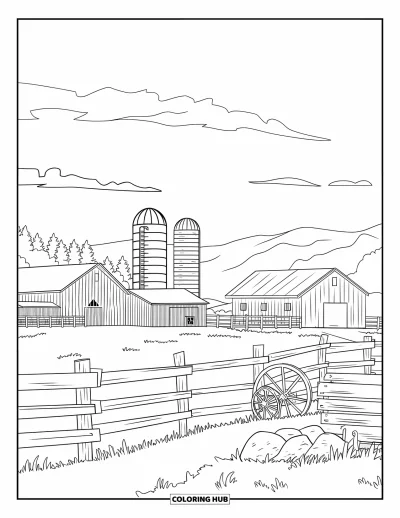 Disegno del West da colorare per adulti: Una fattoria con fienili, silos e campi recintati sotto cieli di montagna