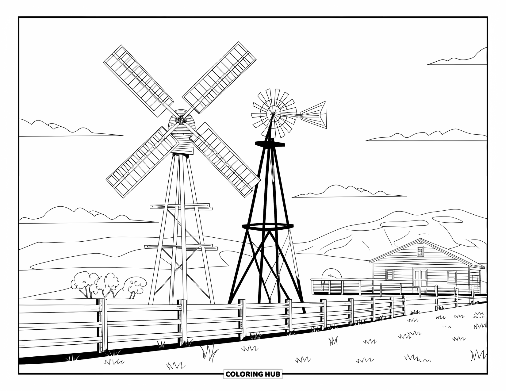 Western Country Coloring Page for Adults: A homestead scene with a windmill, grassy yard, and trees near distant mountains