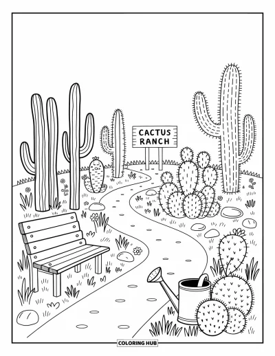 Disegno del West da colorare per adulti: Un giardino di cactus sereno con un cartello, fiori di campo e piccoli dettagli da cowboy