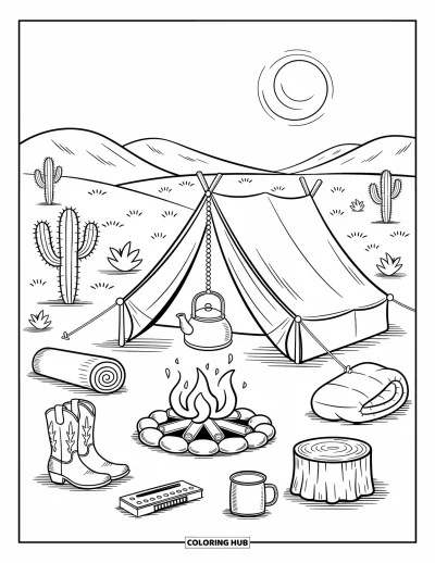 Disegno del West da colorare per adulti: Un accampamento tranquillo con una tenda, un fuoco caldo e piccoli oggetti da cowboy tutto intorno