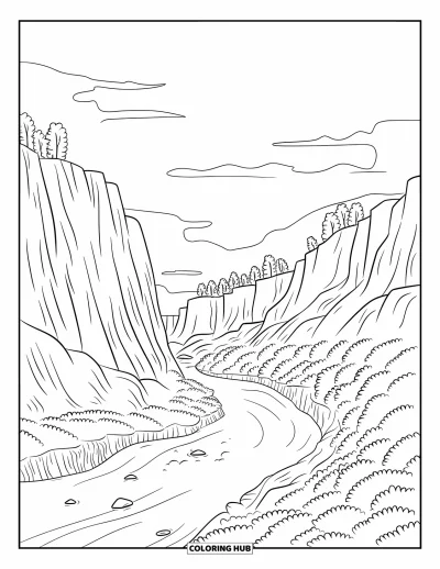 Disegno del West da colorare per adulti: Un tranquillo fiume nel canyon con scogliere, alberi e uccelli posati su rocce sporgenti