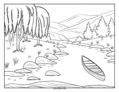 Disegno del West da colorare per adulti: Una riva del fiume tranquilla con alberi, rocce e una canoa di legno sull'acqua ferma