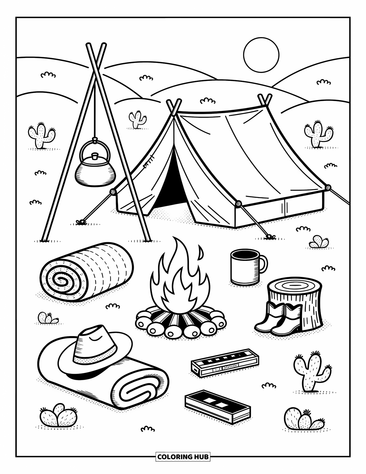 Western Country Coloring Page for Adults: A quiet prairie campsite with a tent, campfire, and sweet little cowboy details