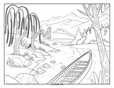 Disegno del West da colorare per adulti: Una scena rilassante sul fiume con salici, rocce e una canoa di legno sull'acqua calma