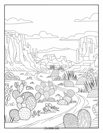Disegno del West da colorare per adulti: Un paesaggio western roccioso con cactus, sentieri e terreno desertico sferzato dal vento