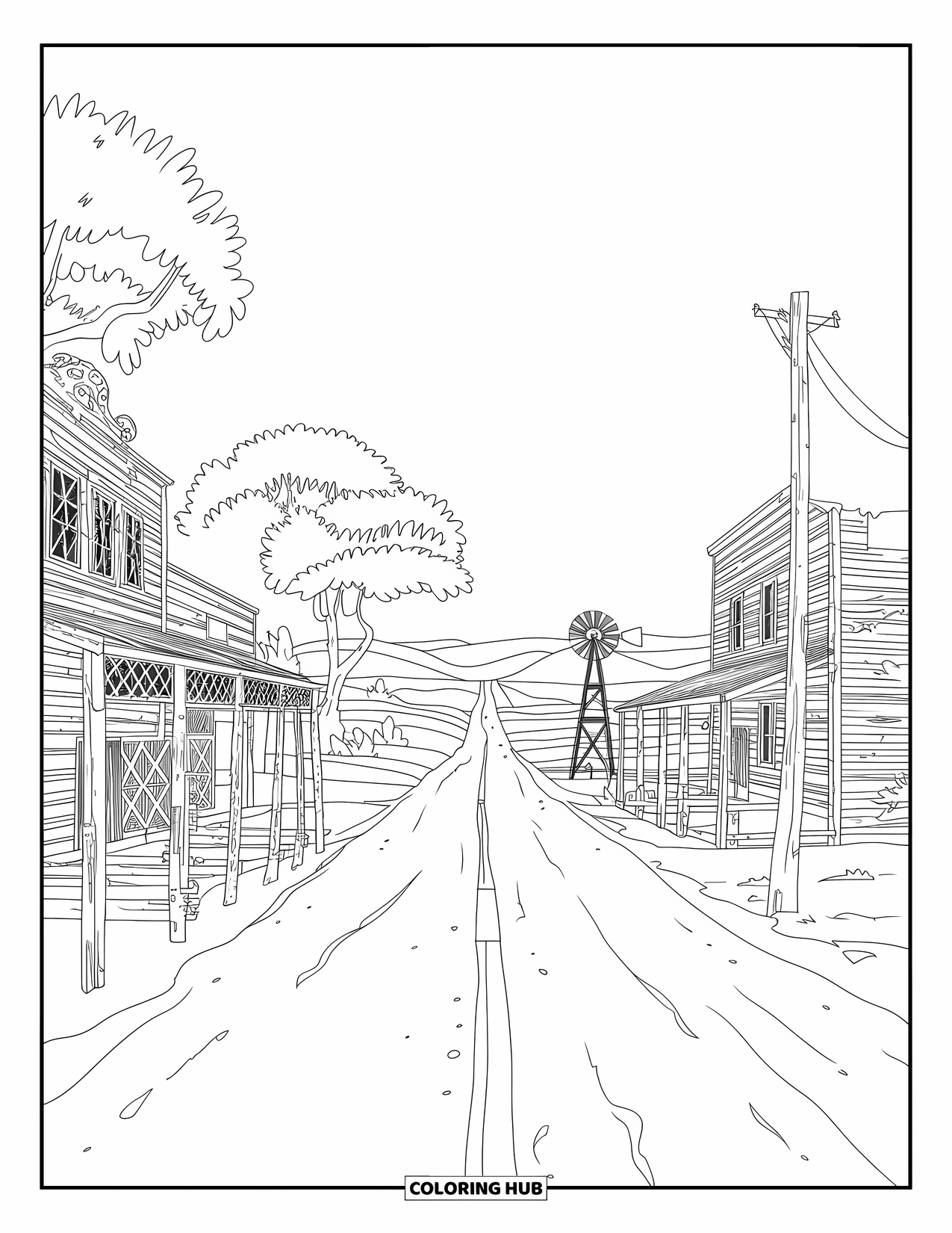 Western Country Coloring Page for Adults: A rustic street with old wooden buildings, hitching posts, and wide open land