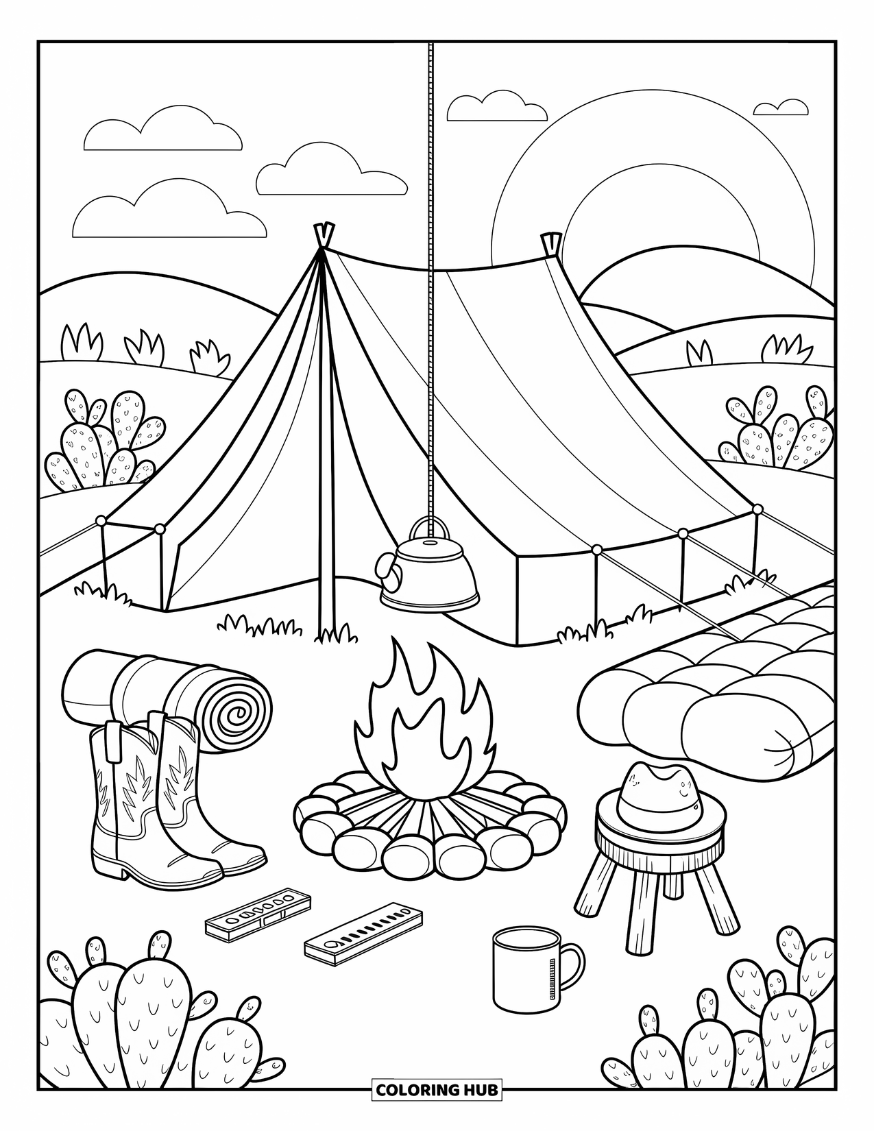 Western Country Coloring Page for Adults: A tent scene with a cozy fire, boots, and soft hills under the moonlight