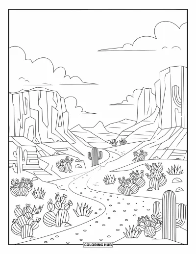 Disegno del West da colorare per adulti: Una vasta terra western con formazioni rocciose, cactus e sentieri polverosi e morbidi