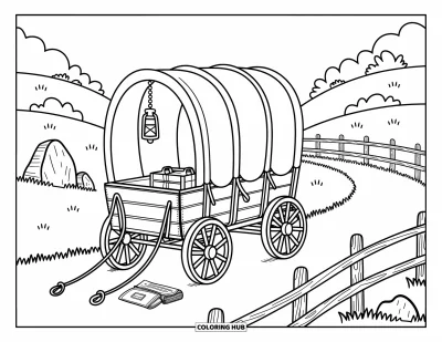 Disegno del West da colorare per adulti: Una scena con un carro, curve morbide, colline ondulate e piccoli oggetti da viaggio