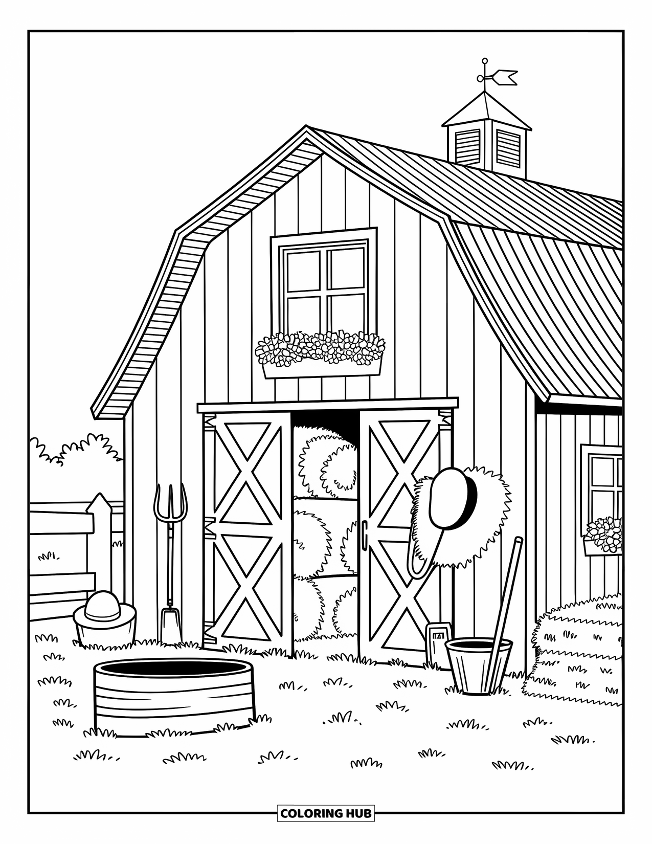 Western Country Coloring Page for Adults: A warm barn scene with hay bales, a saddle, and sweet little country touches