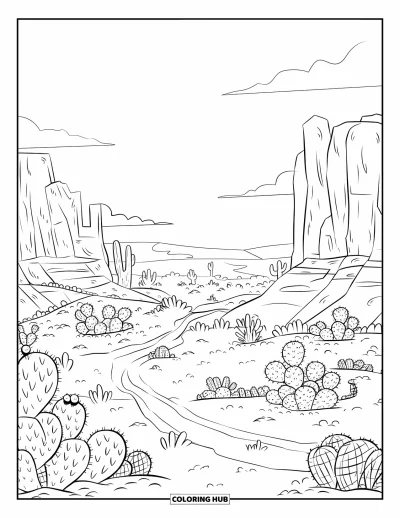 Disegno del West da colorare per adulti: Un panorama western con formazioni rocciose, sentieri polverosi e montagne lontane