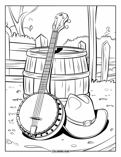 Disegno del West da colorare per bambini: Un banjo e un cappello da cowboy riposano insieme in un tranquillo scenario western