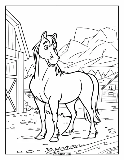 Disegno del West da colorare per bambini: Un grande cavallo si trova vicino a un fienile con le montagne dietro