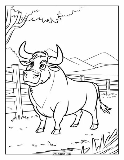 Disegno del West da colorare per bambini: Un toro imponente sta in un ranch aperto con alberi e montagne sullo sfondo