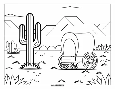 Disegno del West da colorare per bambini: Un cactus e una ruota di carro riposano vicino a colline rocciose sotto un cielo luminoso